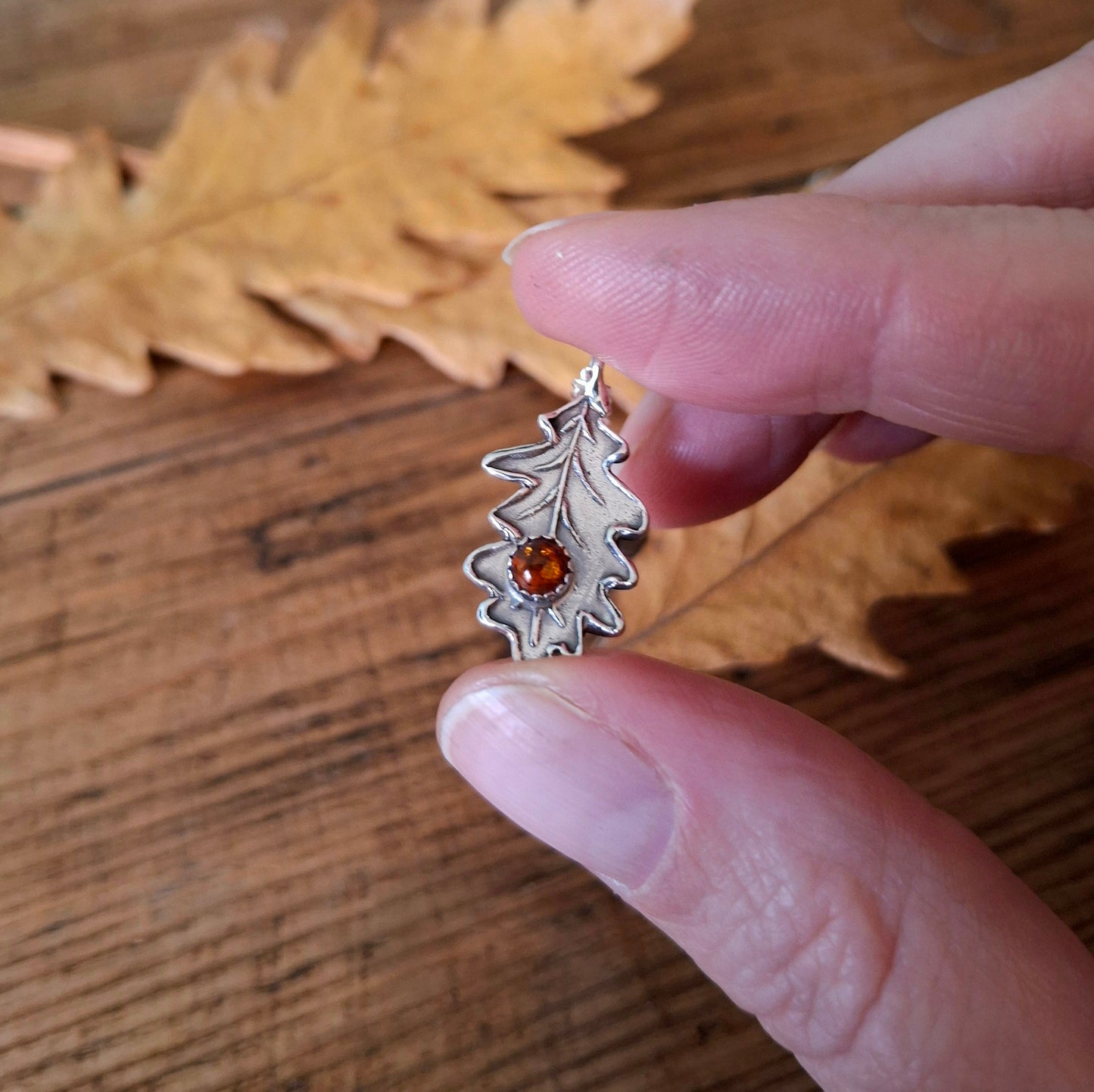 Oak Leaf with Amber, Silver Necklace