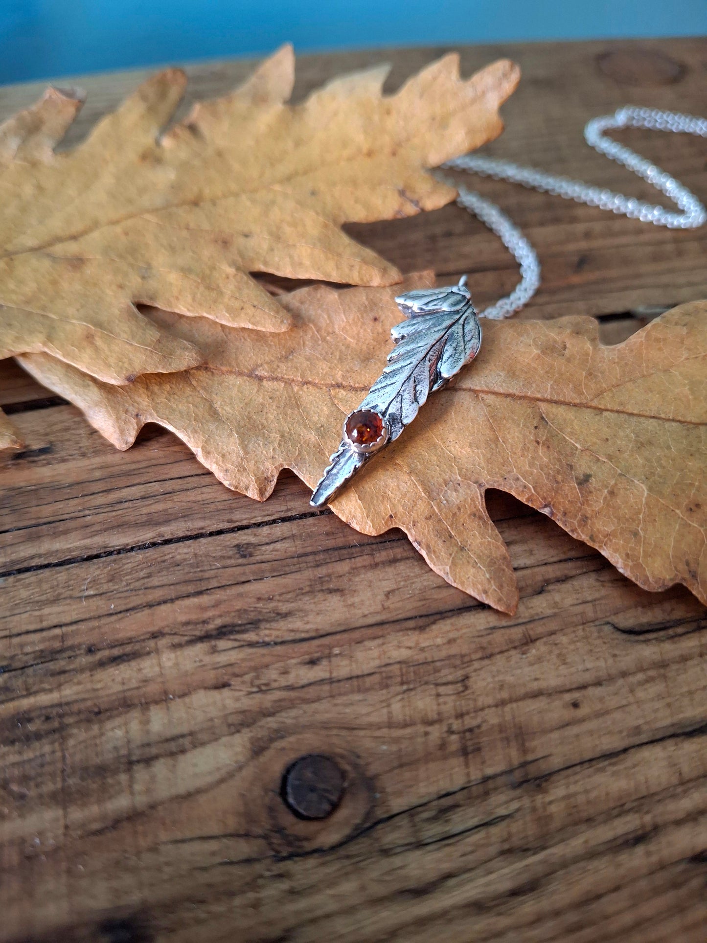 Real Fern Leaf with Amber Stone, Silver Necklace