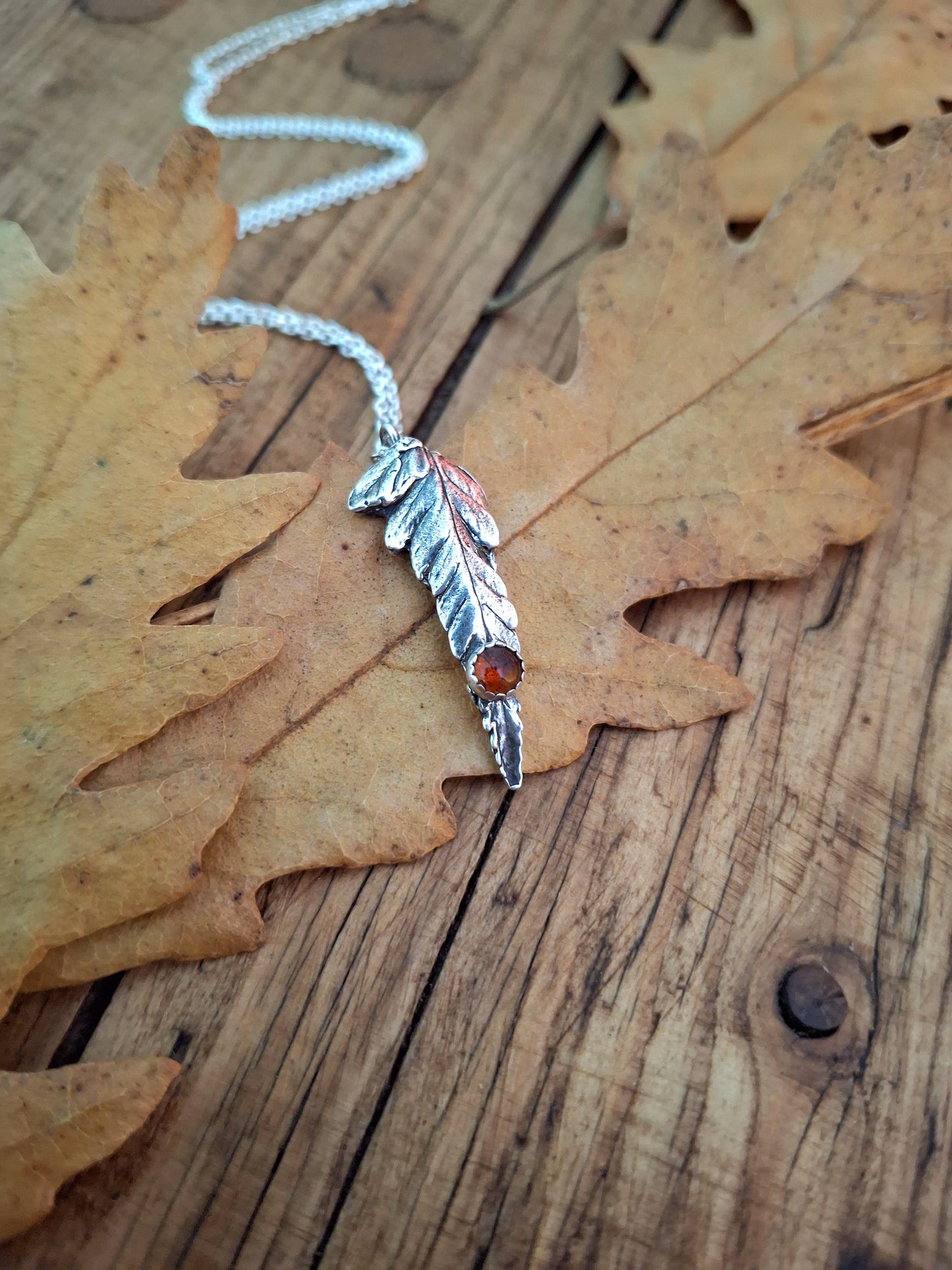 Real Fern Leaf with Amber Stone, Silver Necklace