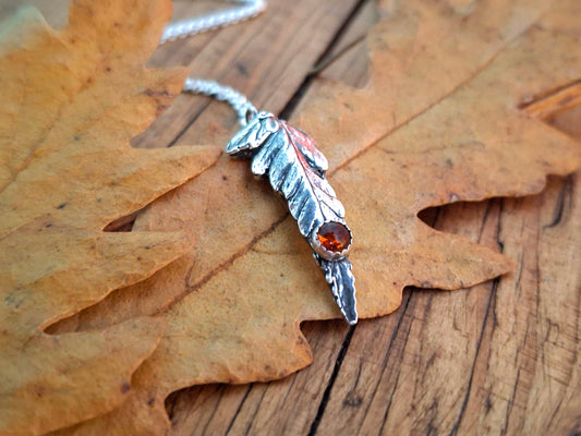 Real Fern Leaf with Amber Stone, Silver Necklace