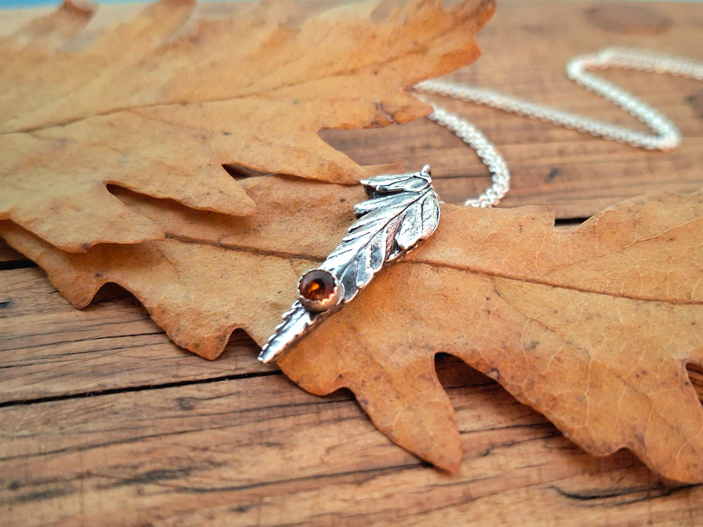 Real Fern Leaf with Amber Stone, Silver Necklace