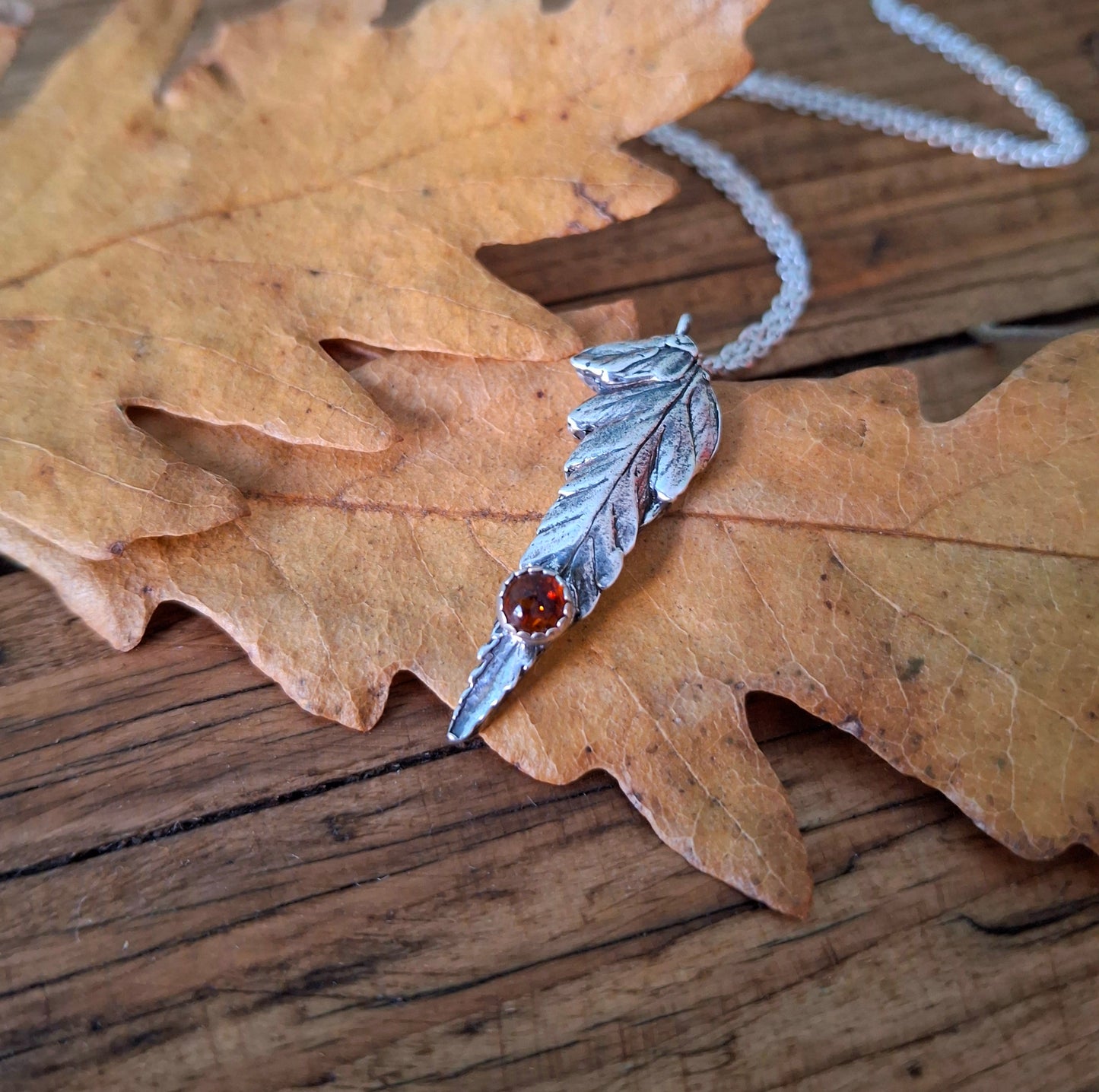 Real Fern Leaf with Amber Stone, Silver Necklace