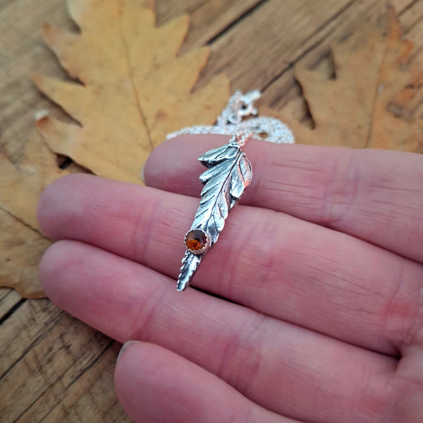 Real Fern Leaf with Amber Stone, Silver Necklace