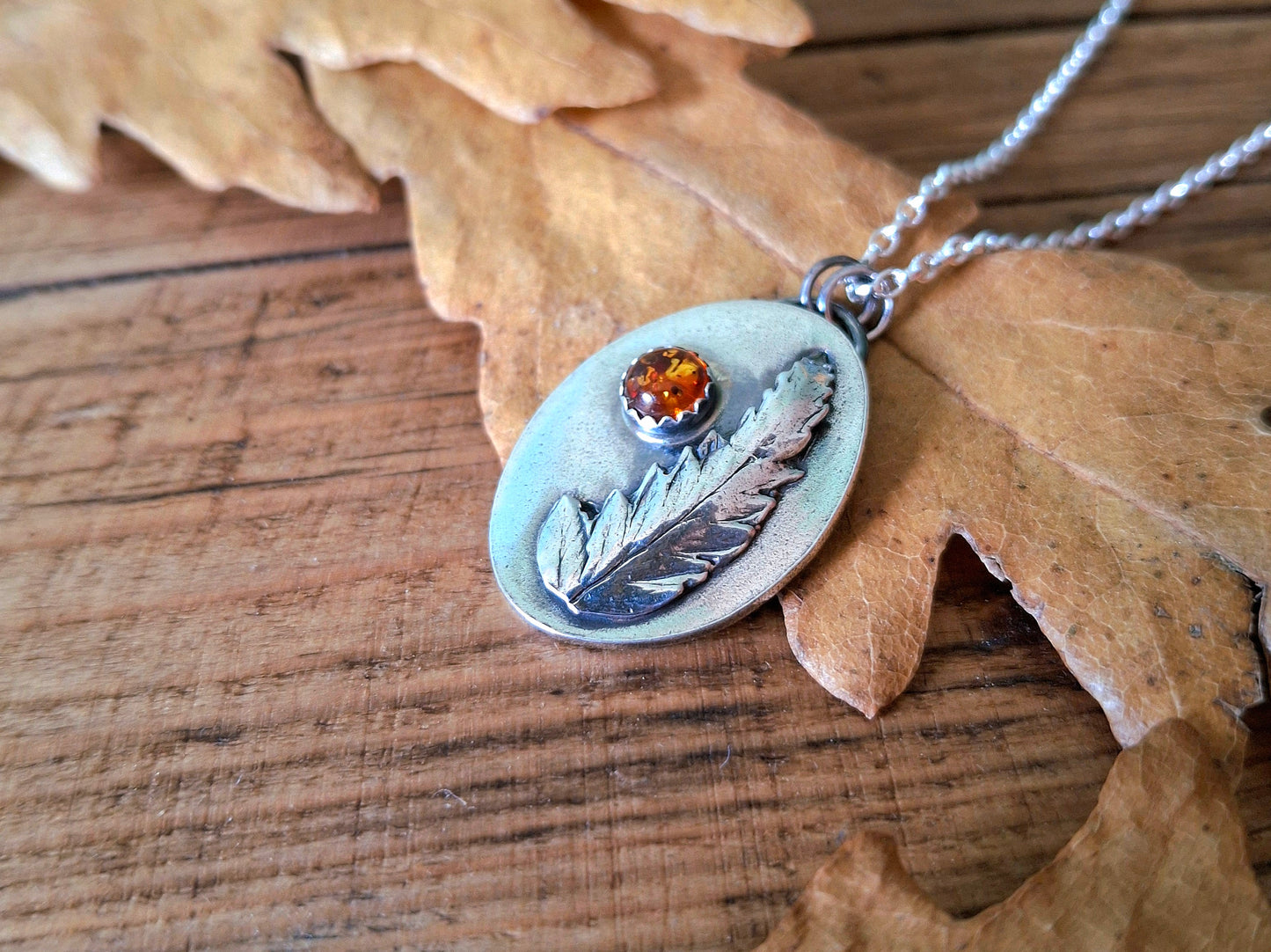 Real Fern Leaf with Amber, Oval Pendant Necklace