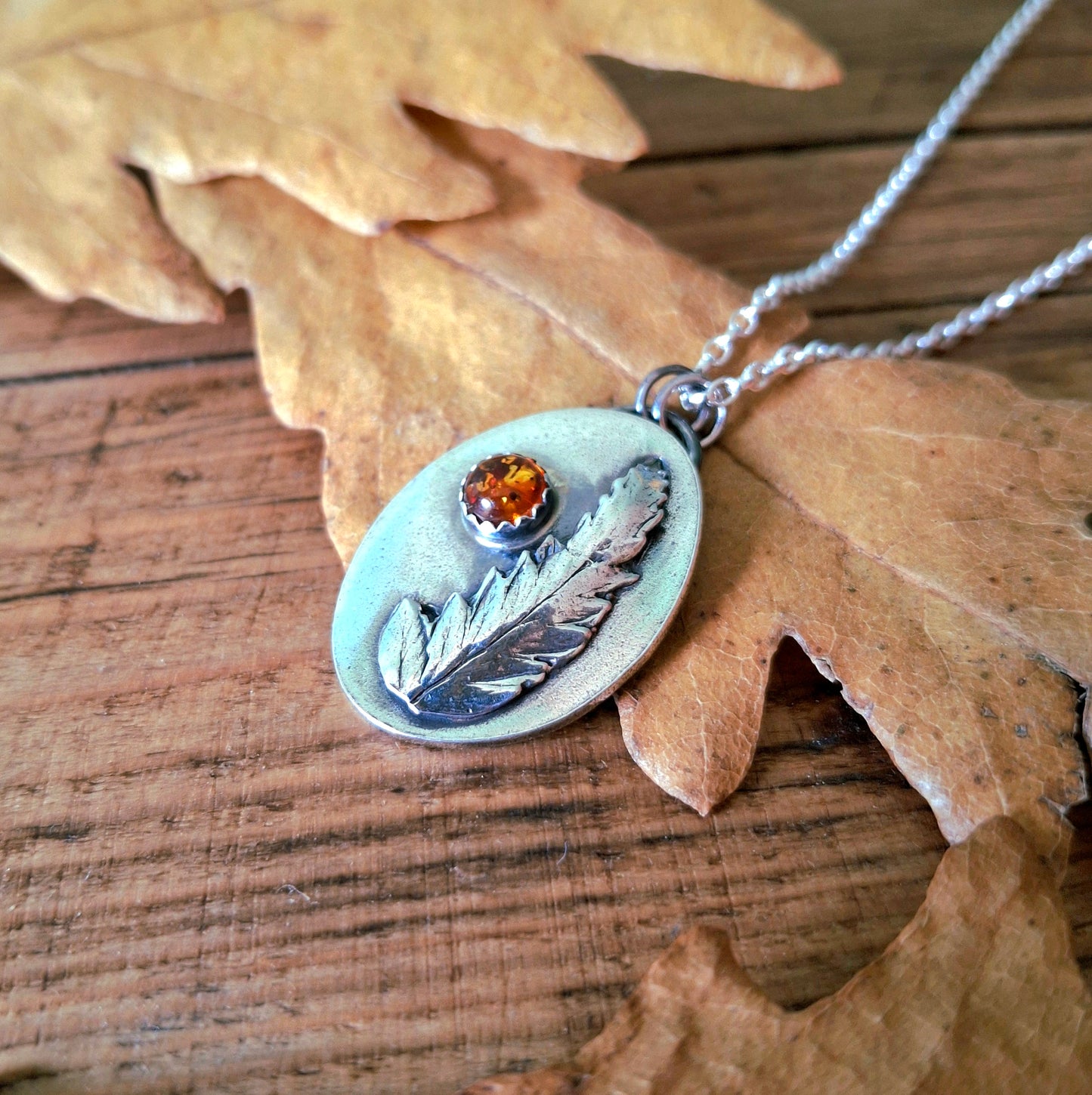 Real Fern Leaf with Amber, Oval Pendant Necklace