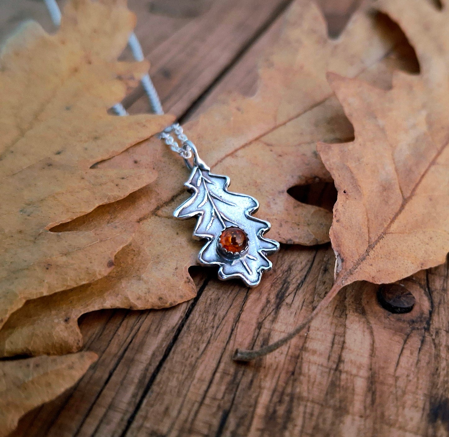 Oak Leaf with Amber, Silver Necklace