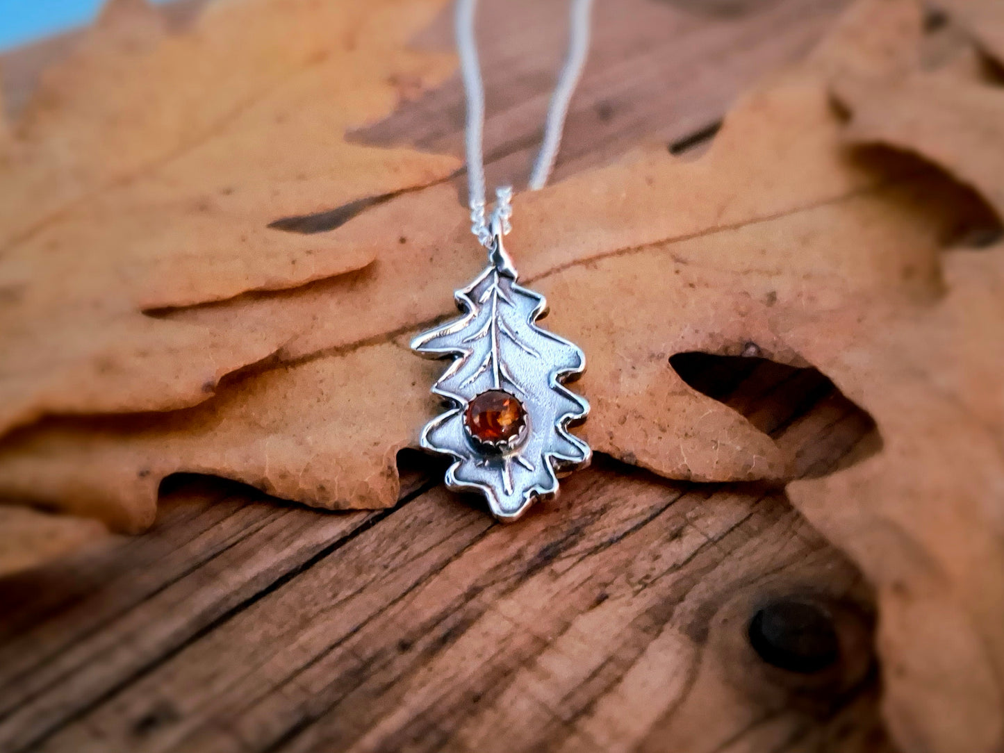 Oak Leaf with Amber, Silver Necklace