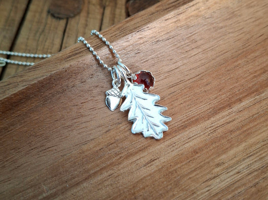 Oak Leaf, Acorn & Hessonite Garnet Silver Necklace