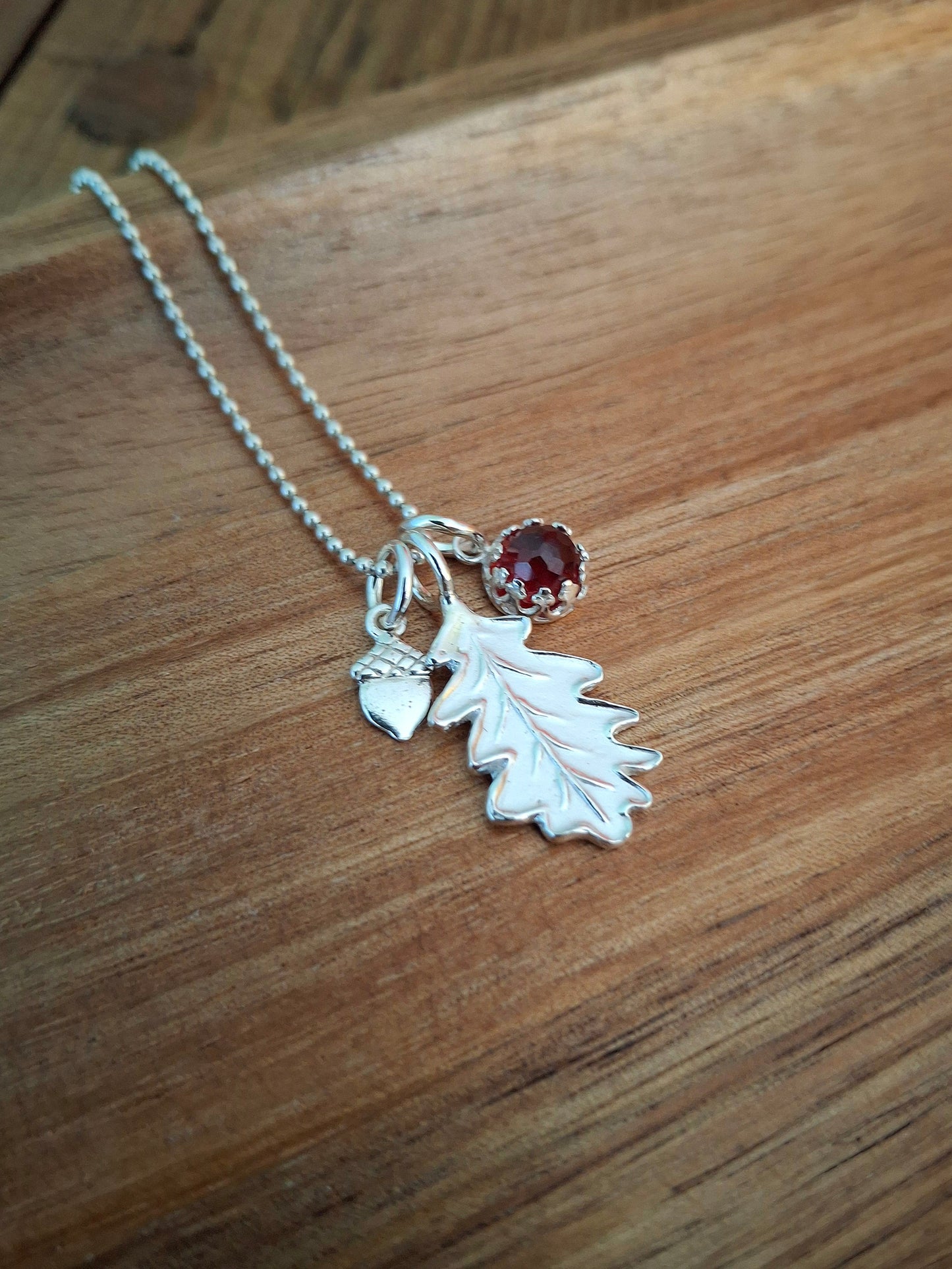 Oak Leaf, Acorn & Hessonite Garnet Silver Necklace