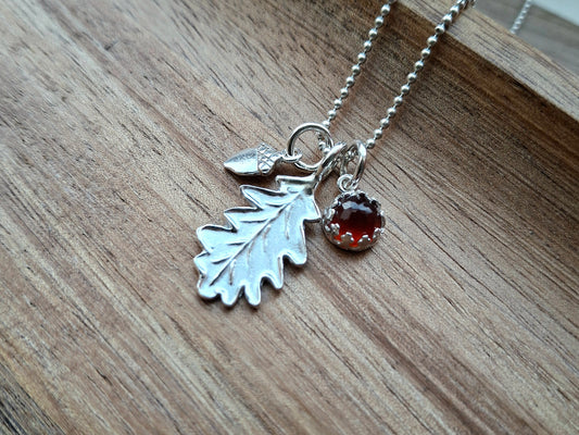 Oak Leaf, Acorn & Hessonite Garnet Silver Necklace