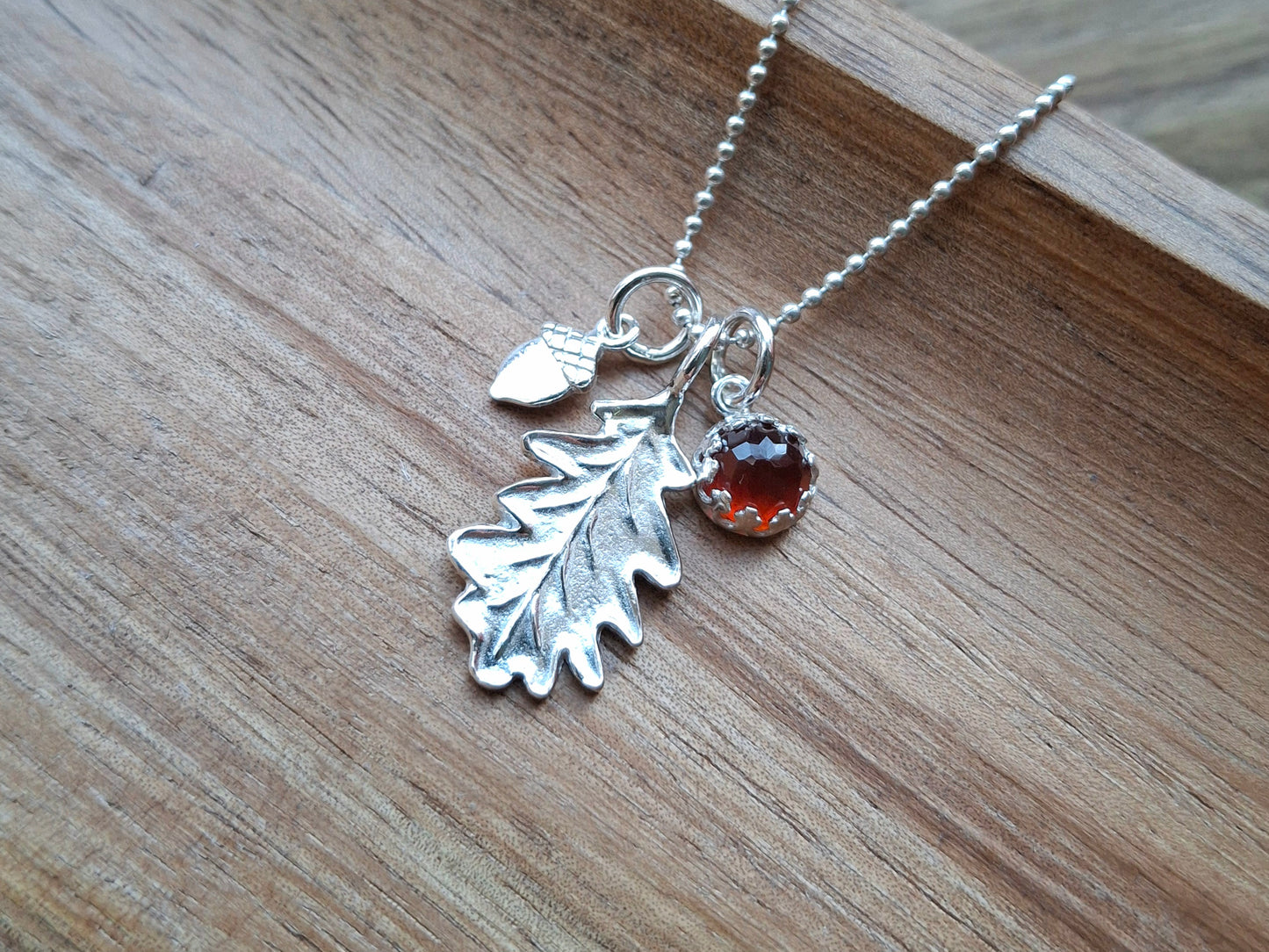 Oak Leaf, Acorn & Hessonite Garnet Silver Necklace