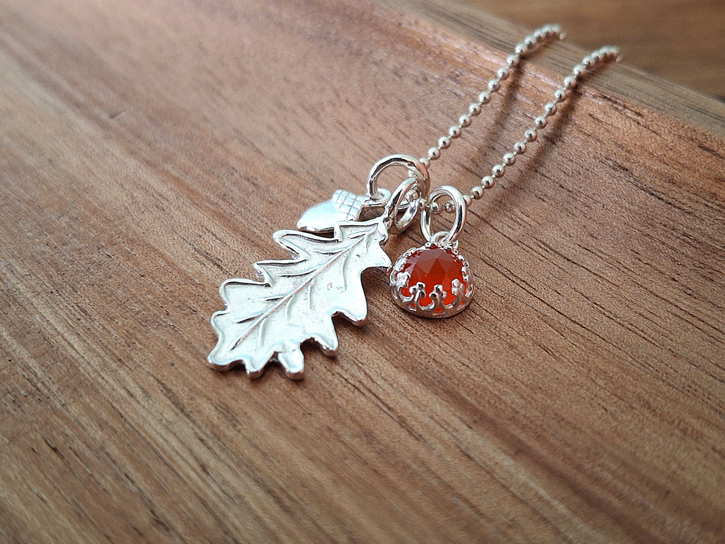 Oak Leaf, Acorn & Carnelian Silver Necklace