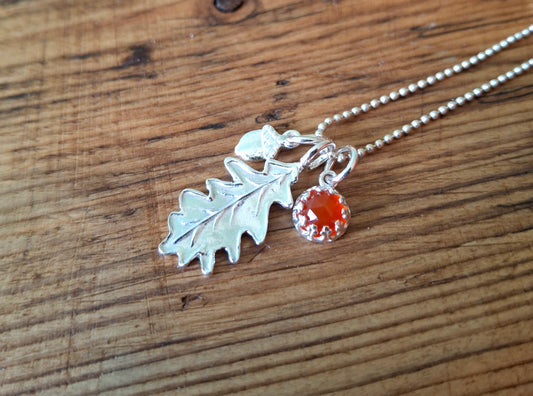 Oak Leaf, Acorn & Carnelian Silver Necklace