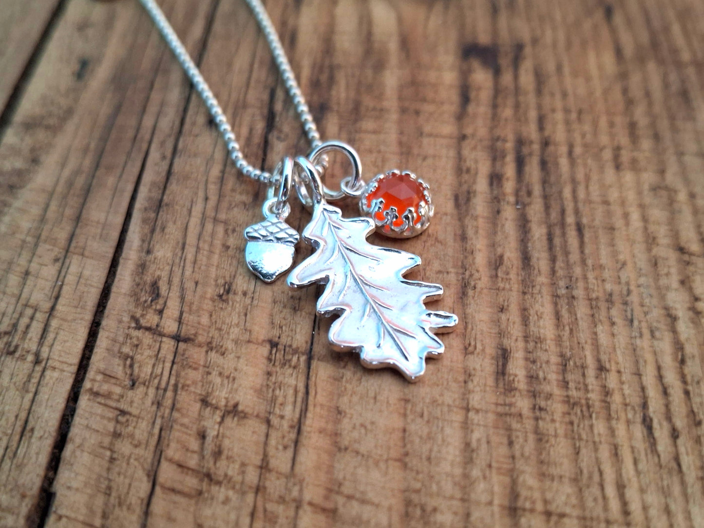 Oak Leaf, Acorn & Carnelian Silver Necklace