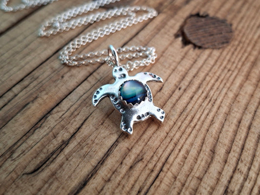 Turtle Charm Necklace Blue Abalone Shell