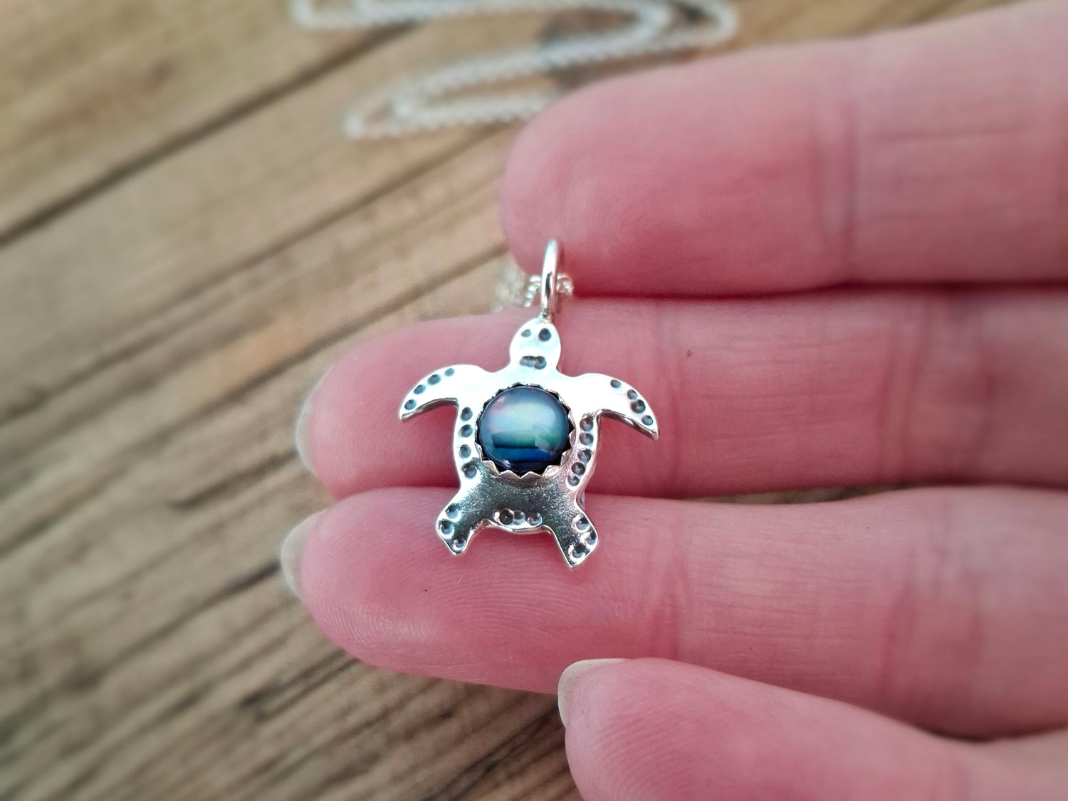 Turtle Charm Necklace Blue Abalone Shell