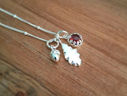 Small Oak Leaf, Acorn & Garnet Silver Necklace