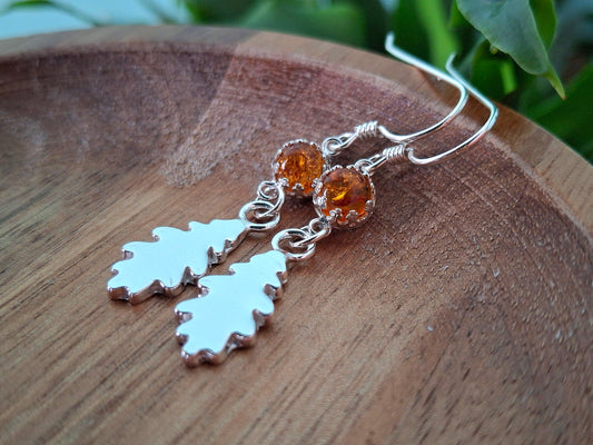 Silver Oak Leaves Earrings with Amber - Large