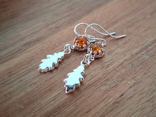 Silver Oak Leaves Earrings with Amber - Small