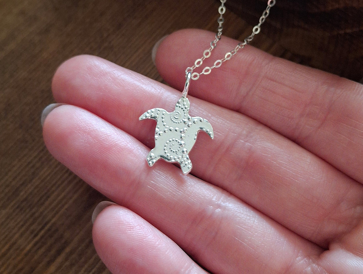 Silver Turtle Charm Necklace with Dotted Wave Pattern