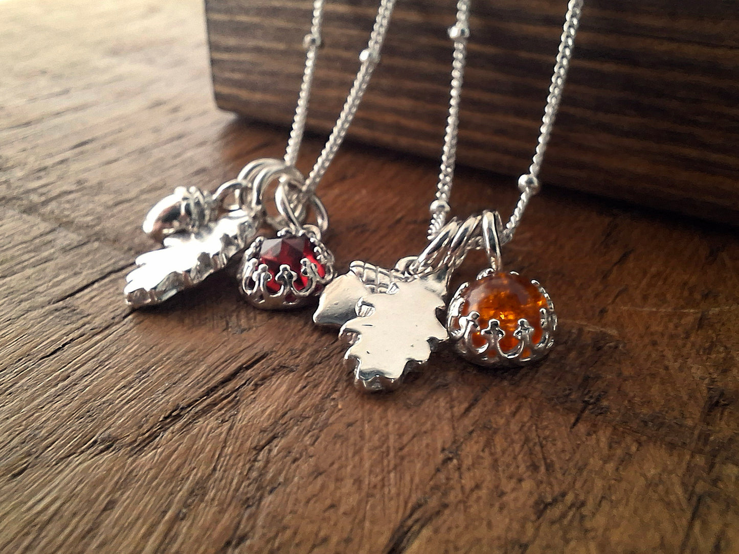 Small Oak Leaf, Acorn & Garnet Silver Necklace