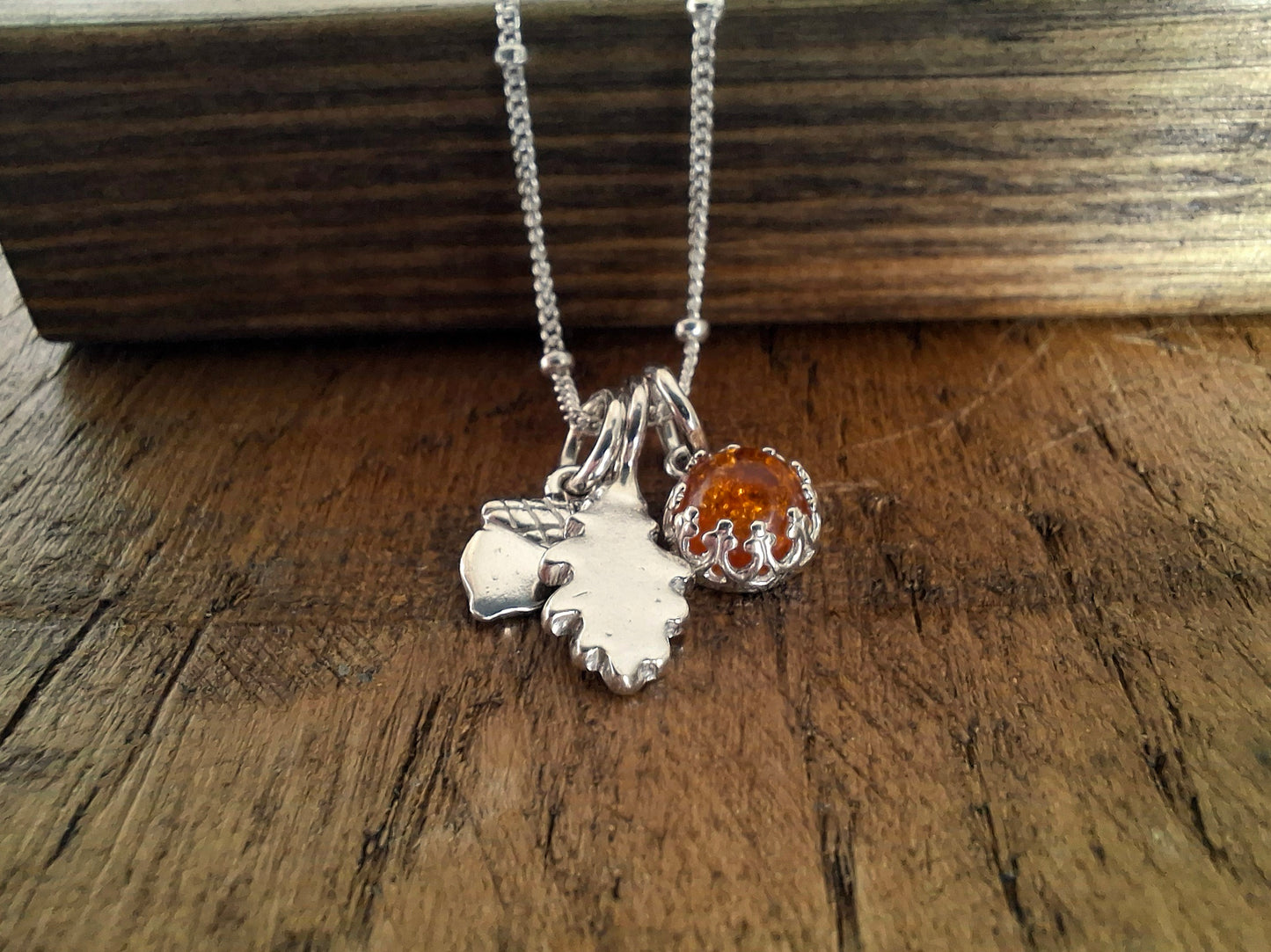 Small Oak Leaf, Acorn & Amber Silver Necklace 2