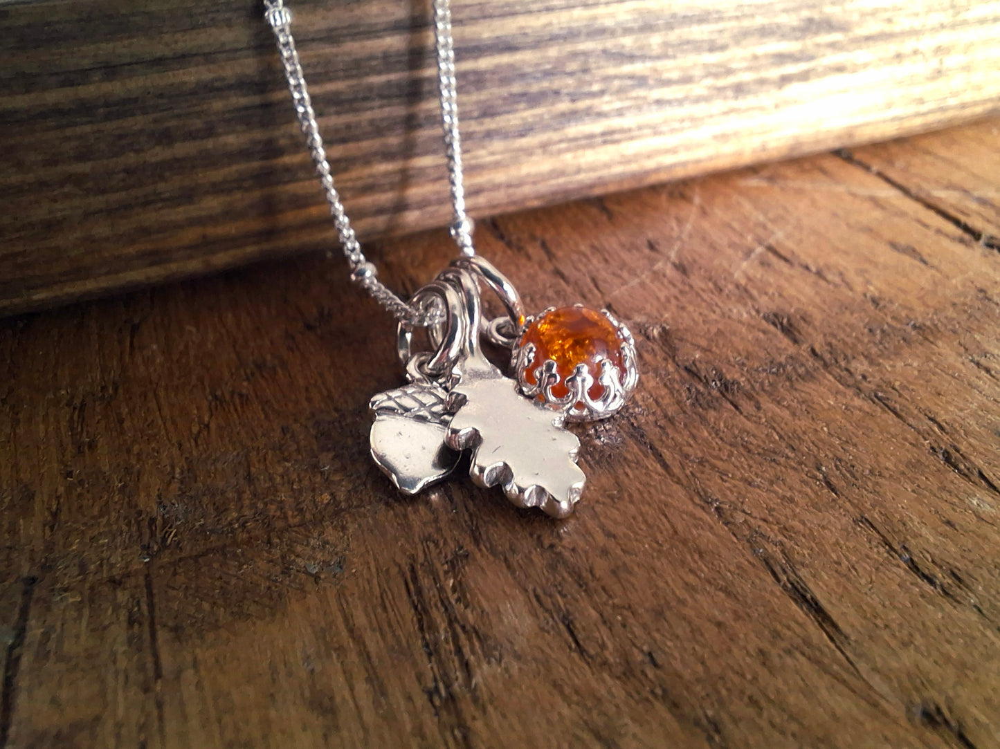 Small Oak Leaf, Acorn & Amber Silver Necklace 2