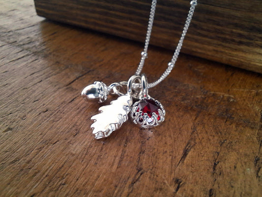 Small Oak Leaf, Acorn & Garnet Silver Necklace