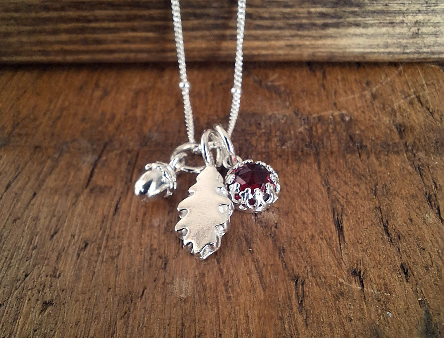 Small Oak Leaf, Acorn & Garnet Silver Necklace