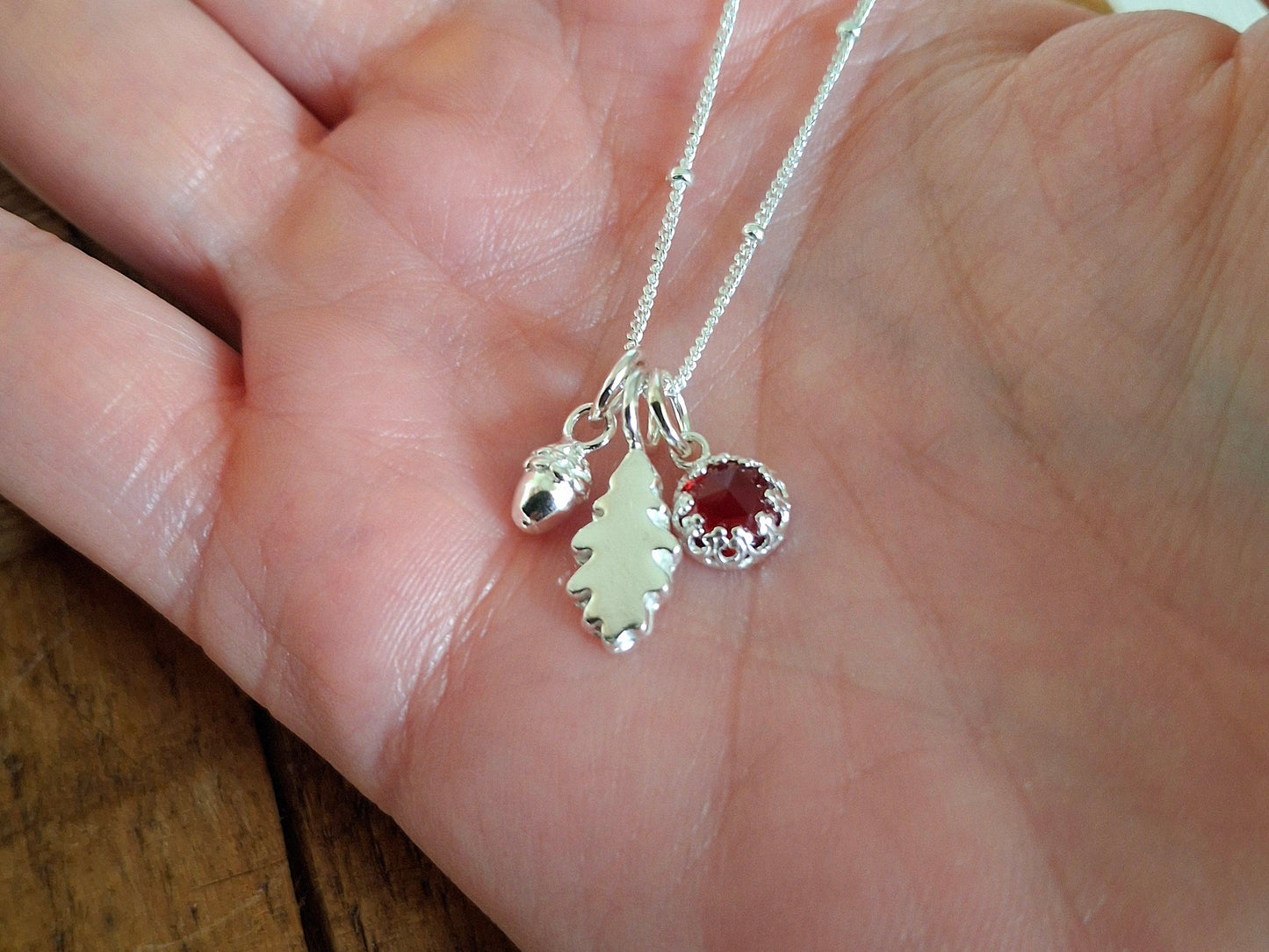 Small Oak Leaf, Acorn & Garnet Silver Necklace