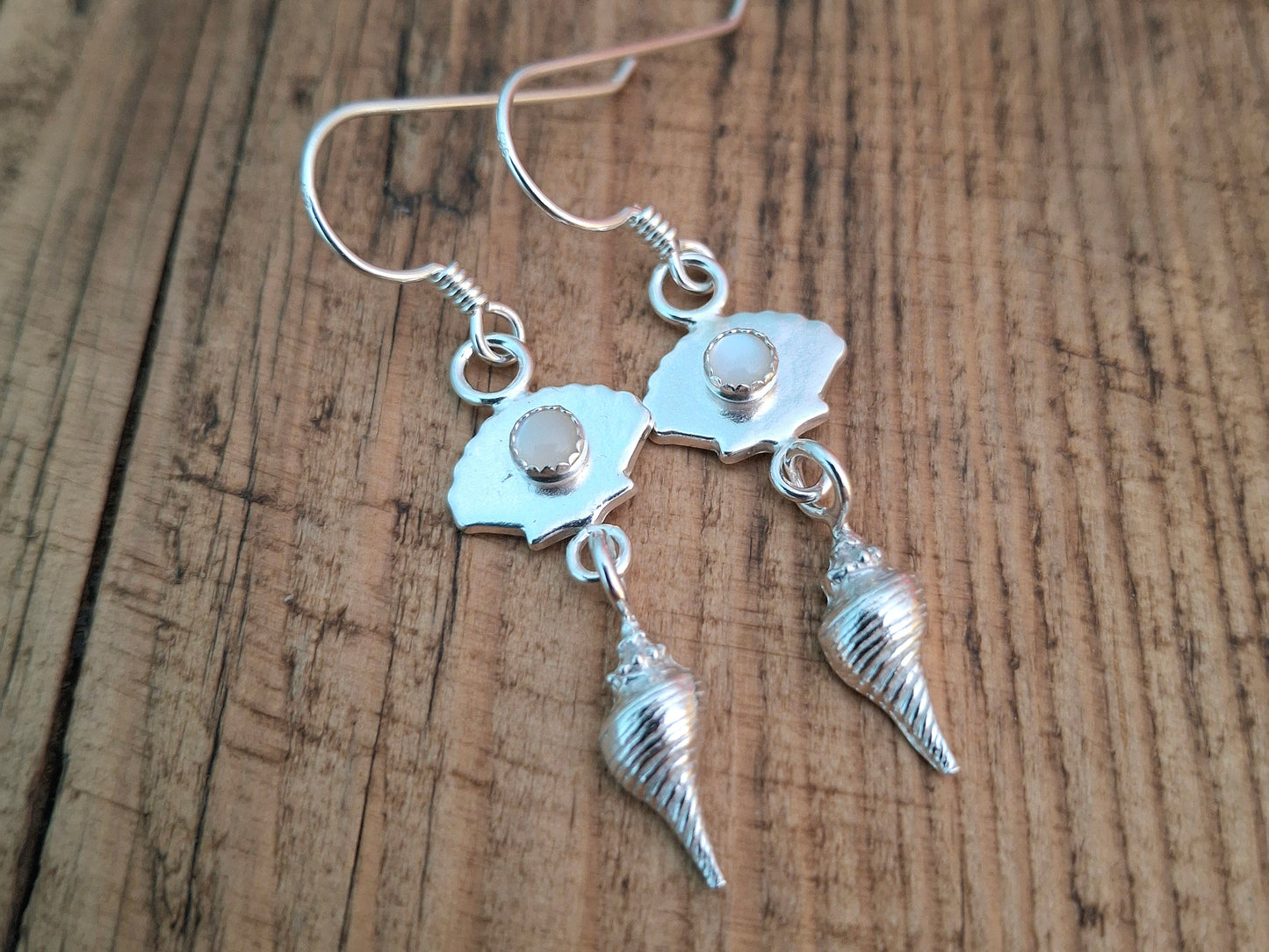 Handmade Seaside Silver Ear Dangles with Mother of Pearls