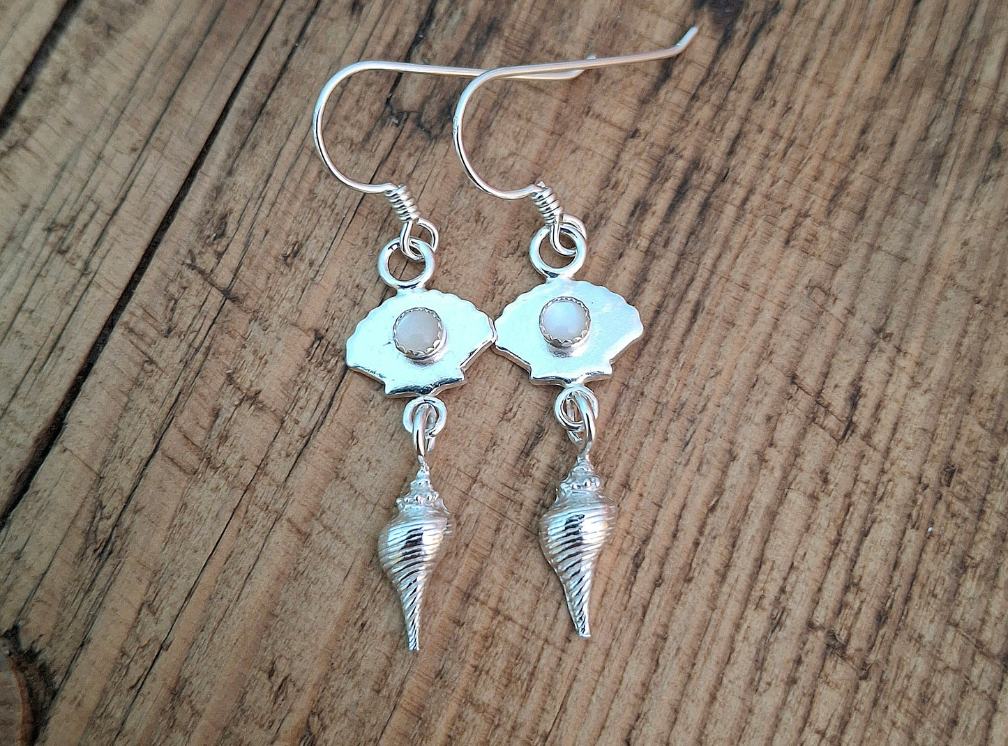 Handmade Seaside Silver Ear Dangles with Mother of Pearls