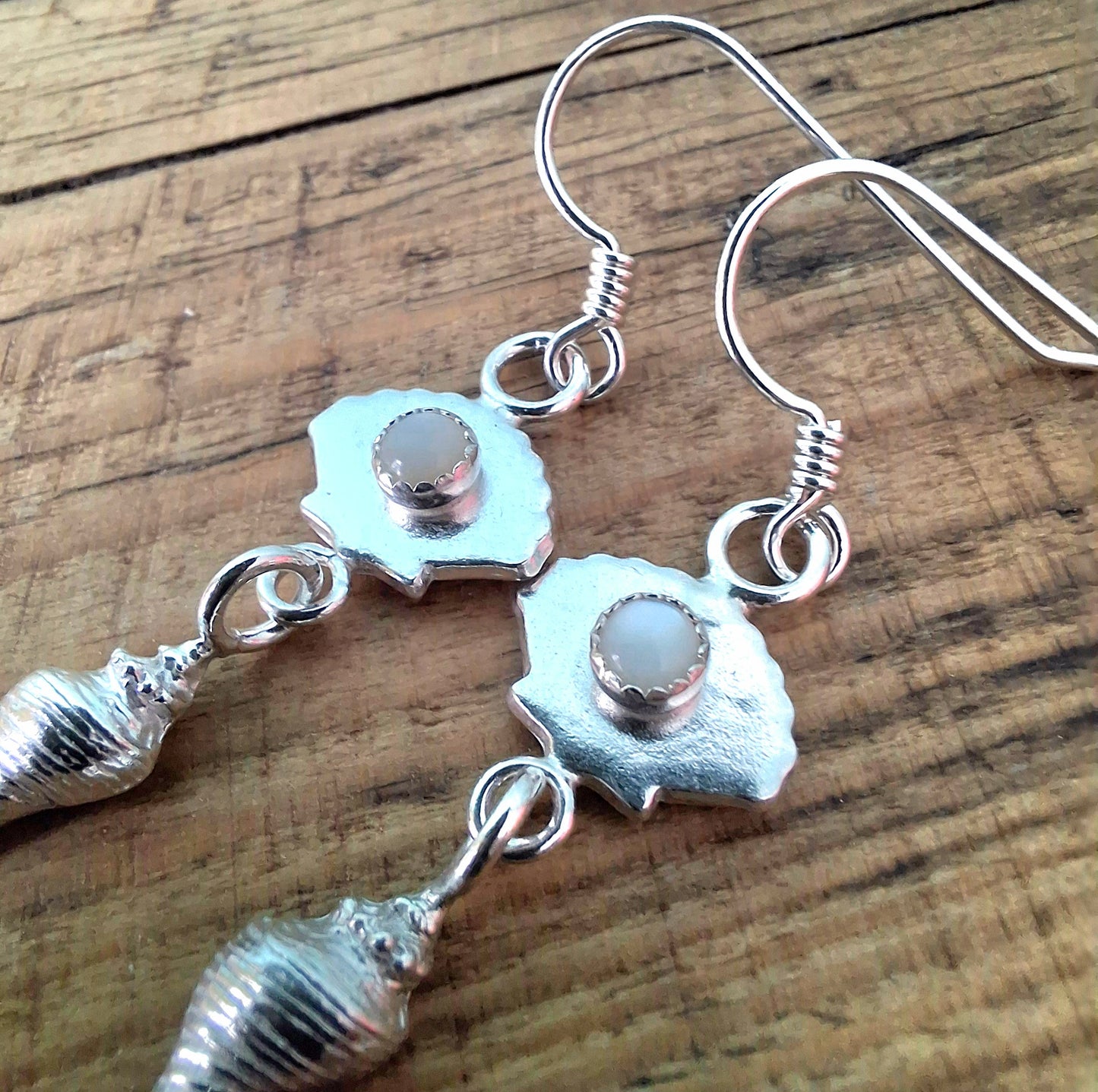Handmade Seaside Silver Ear Dangles with Mother of Pearls