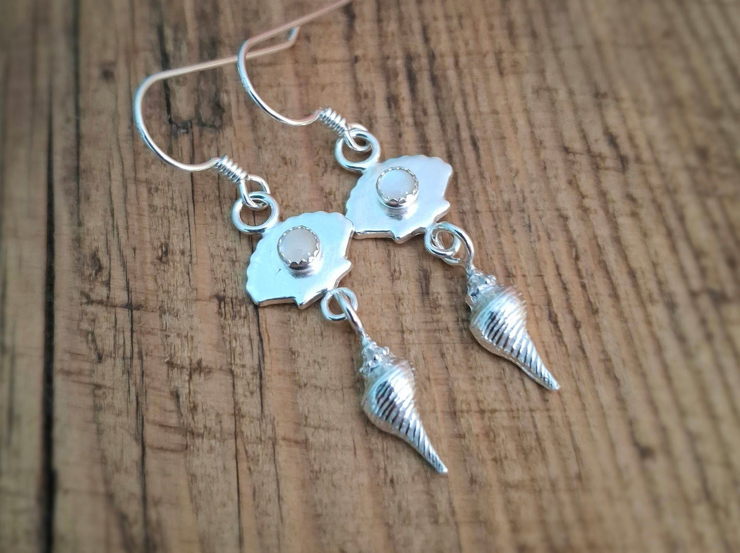 Handmade Seaside Silver Ear Dangles with Mother of Pearls
