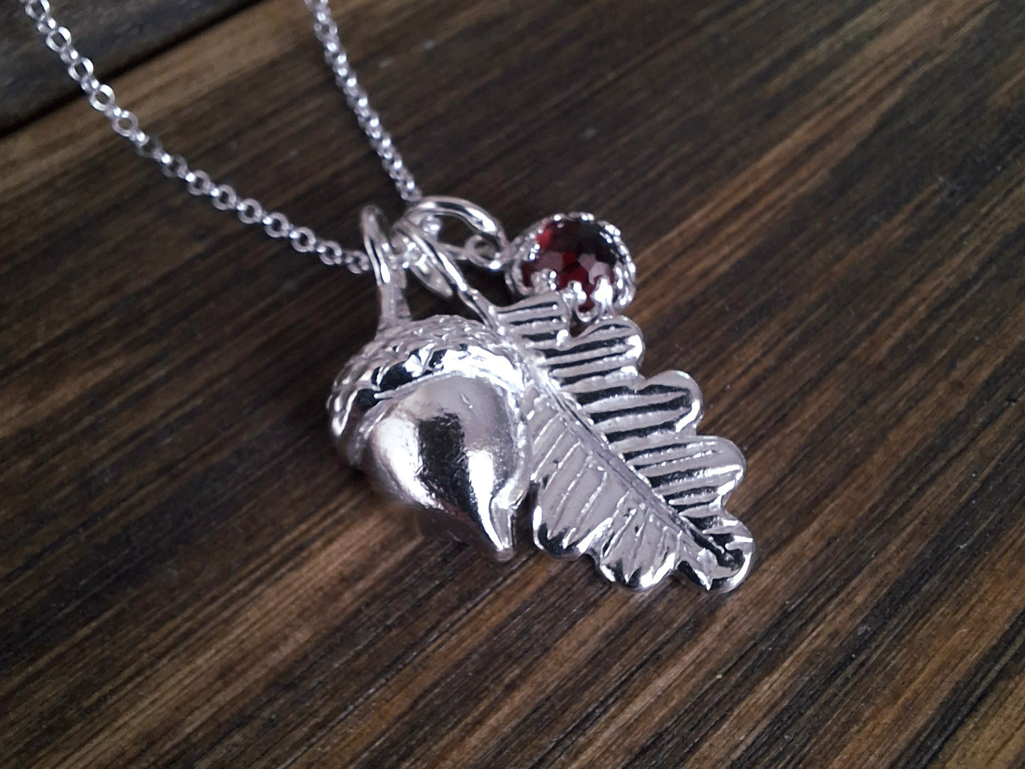 Handmade Acorn & Oak Leaf Garnet Silver Necklace