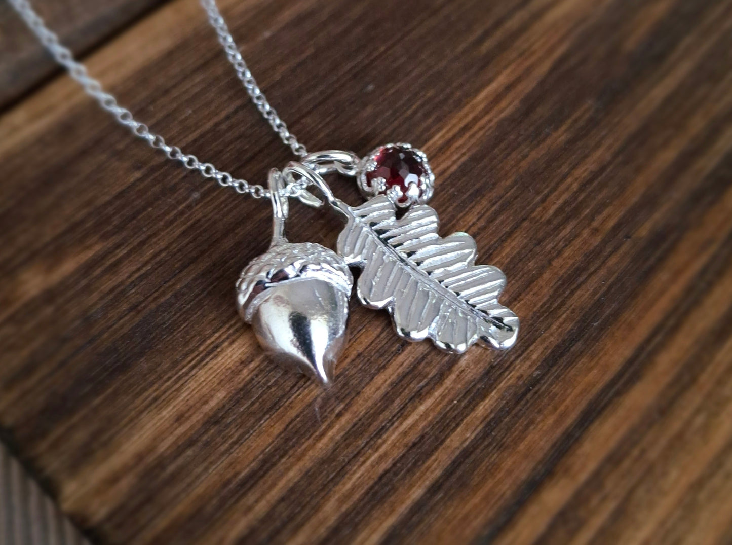 Handmade Acorn & Oak Leaf Garnet Silver Necklace