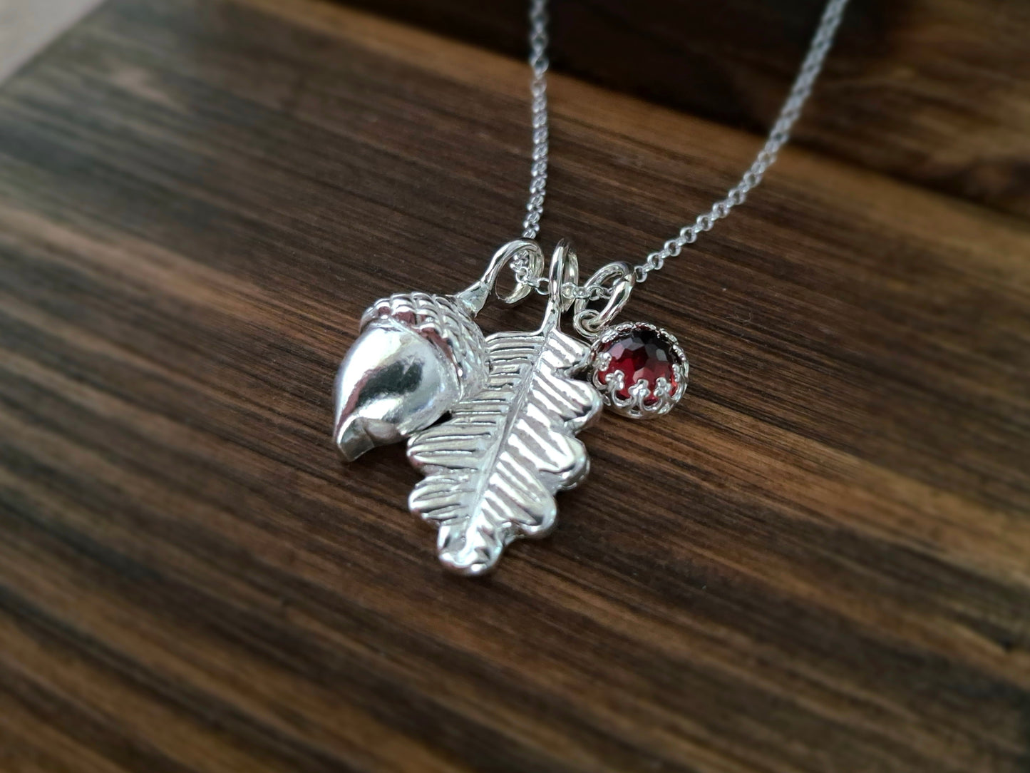 Handmade Acorn & Oak Leaf Garnet Silver Necklace