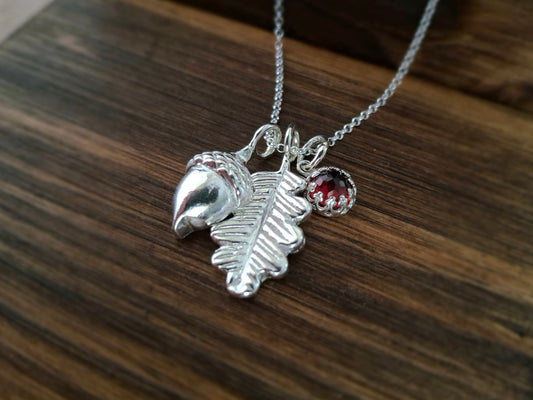Handmade Acorn & Oak Leaf Garnet Silver Necklace