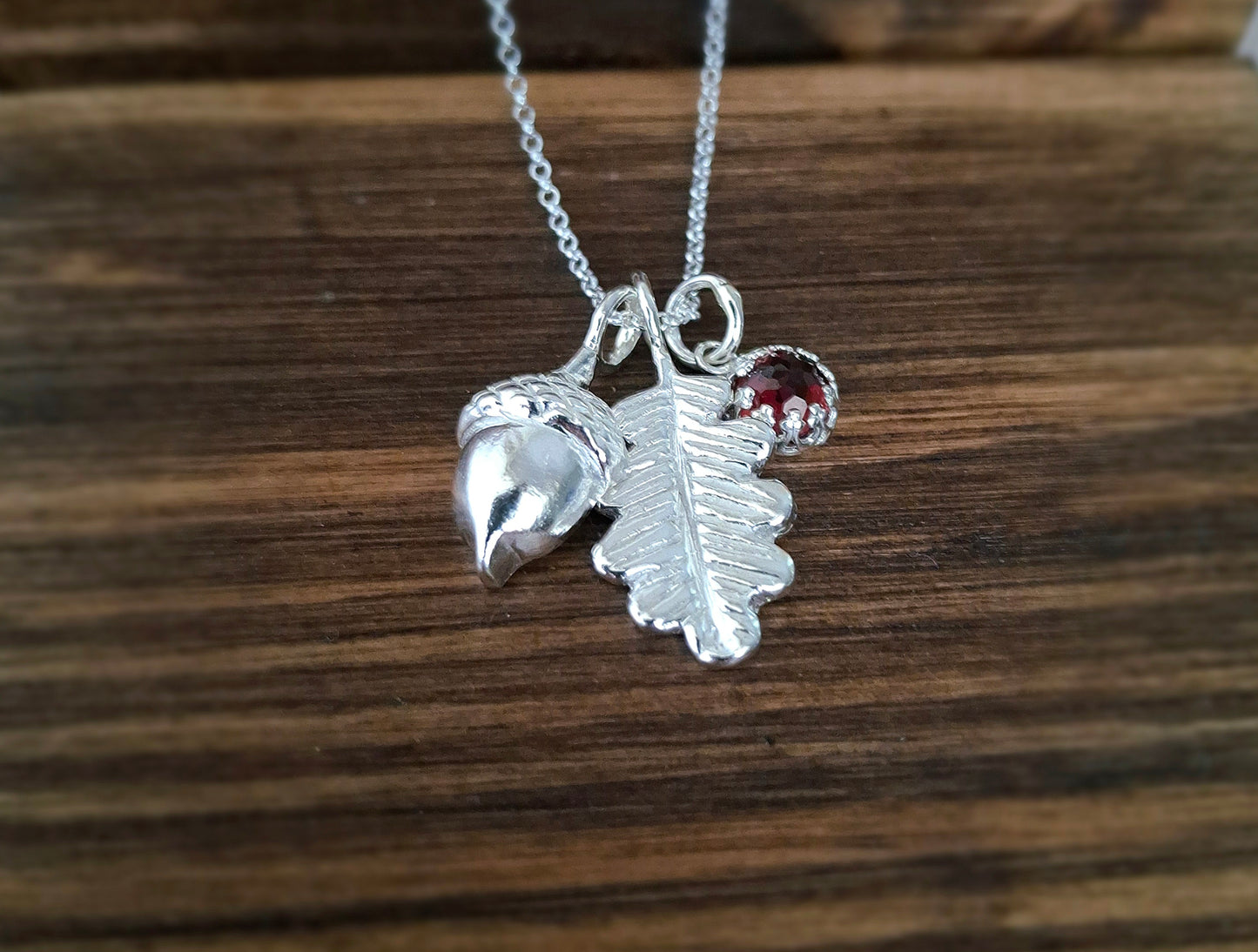 Handmade Acorn & Oak Leaf Garnet Silver Necklace