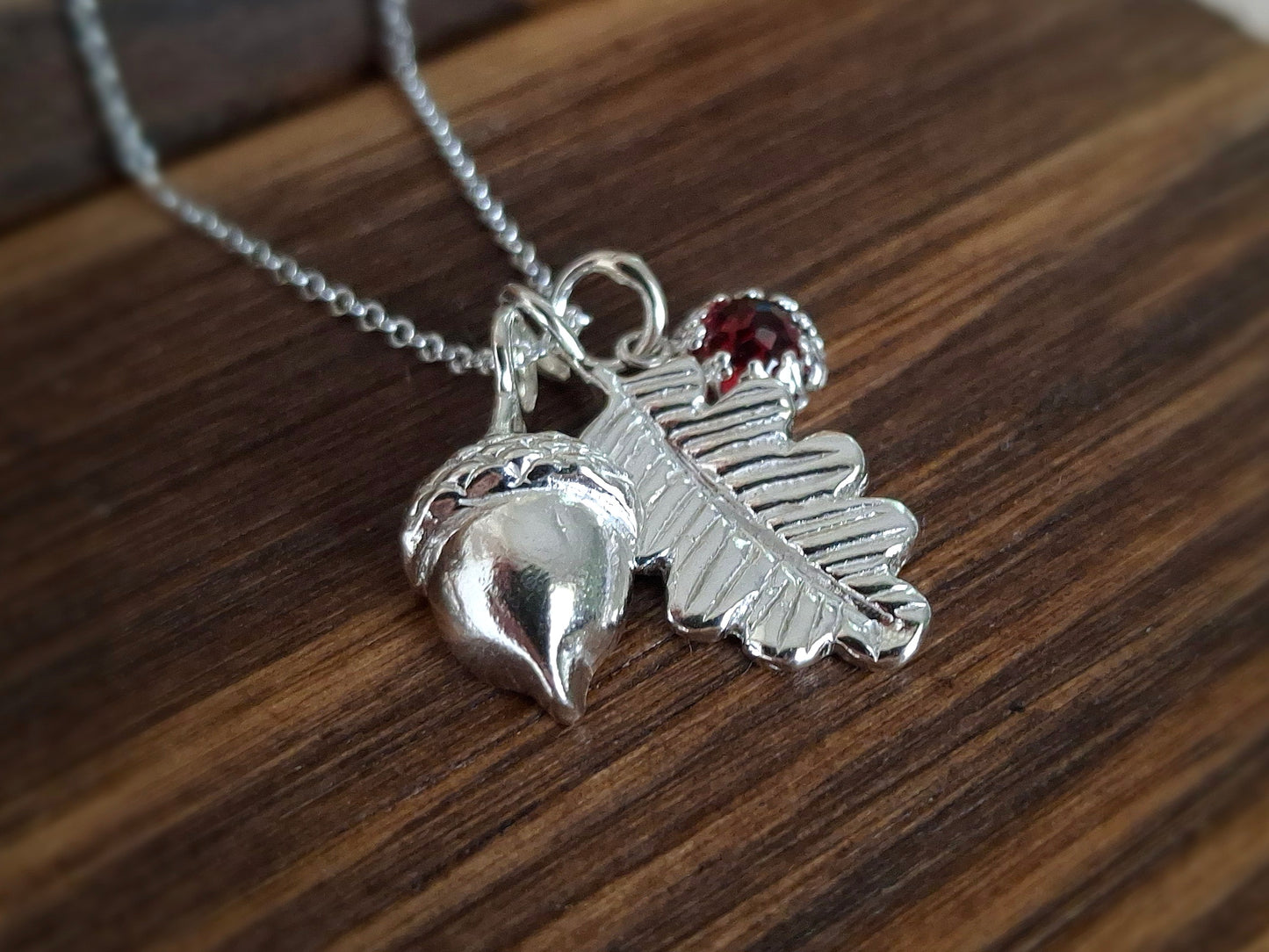 Handmade Acorn & Oak Leaf Garnet Silver Necklace