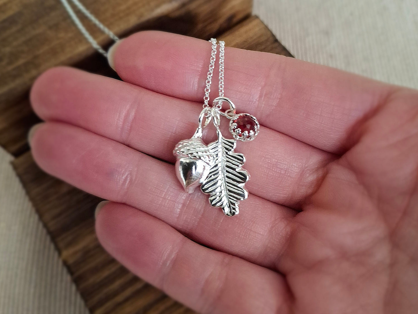 Handmade Acorn & Oak Leaf Garnet Silver Necklace