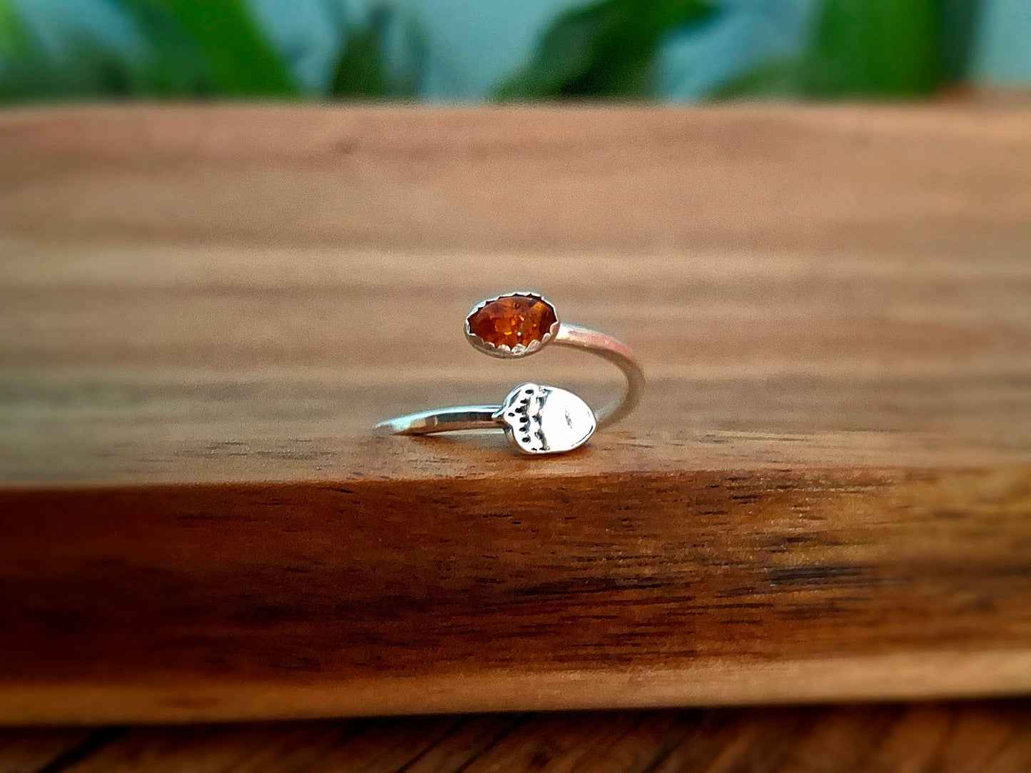 Handmade Adjustable Acorn & Amber Silver Ring