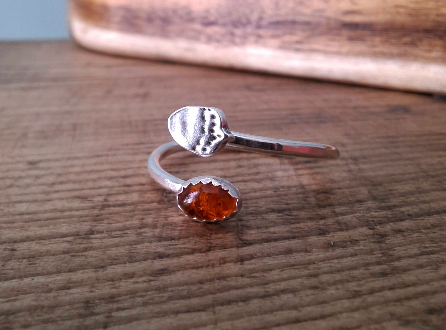Handmade Adjustable Acorn & Amber Silver Ring