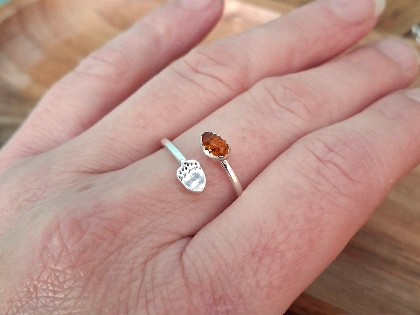 Handmade Adjustable Acorn & Amber Silver Ring