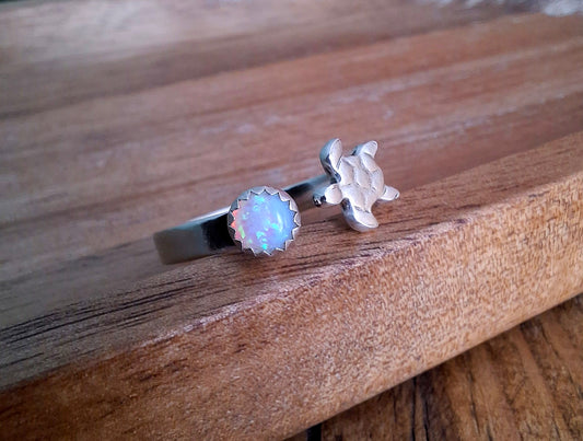 Handmade Adjustable Silver Turtle & Opal Ring