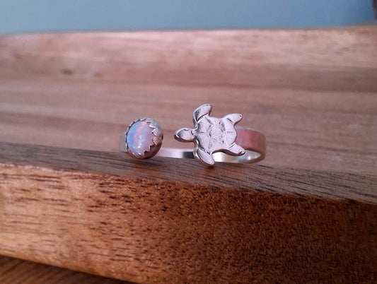 Handmade Adjustable Silver Turtle & Opal Ring