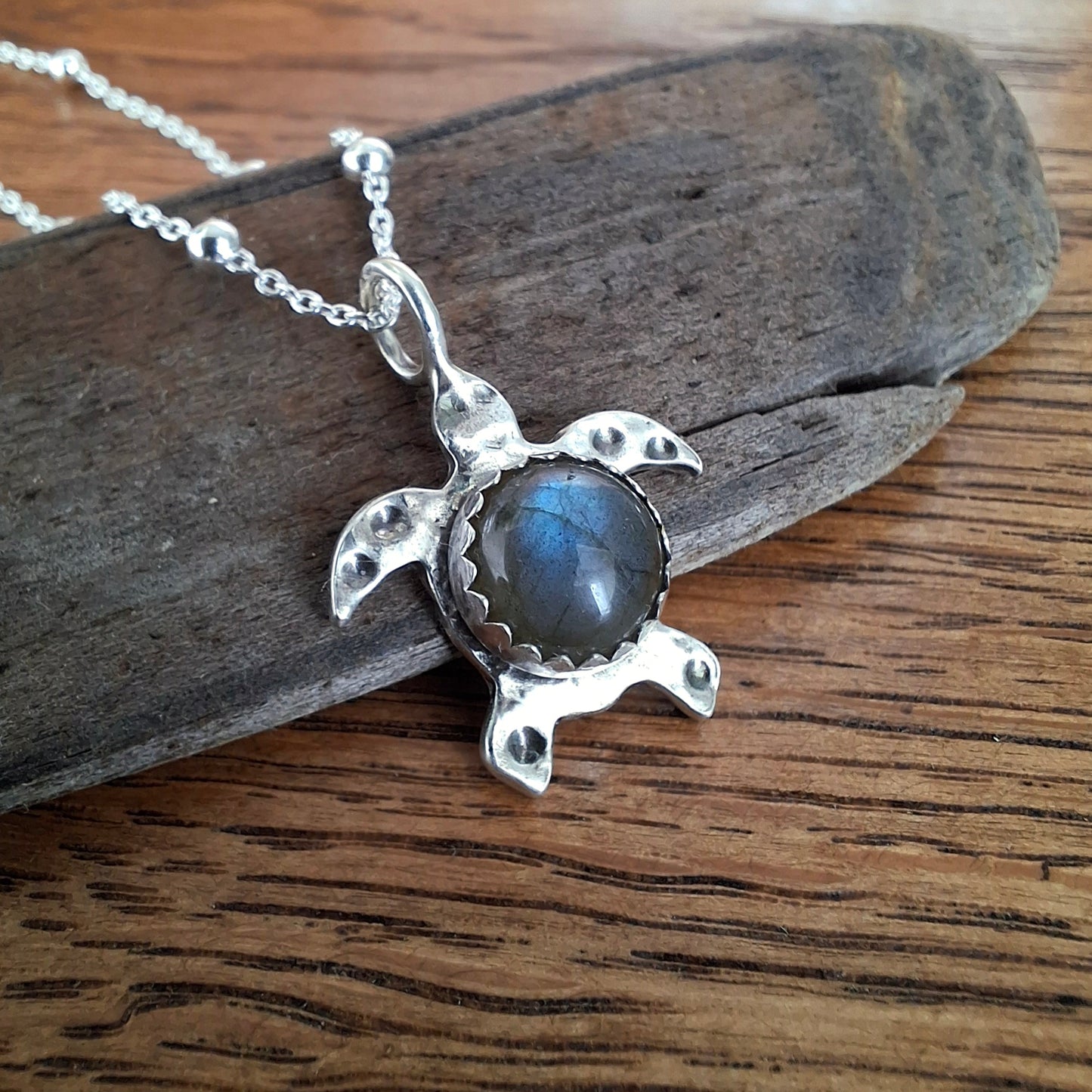 Turtle Charm Necklace Grey Blue Labradorite