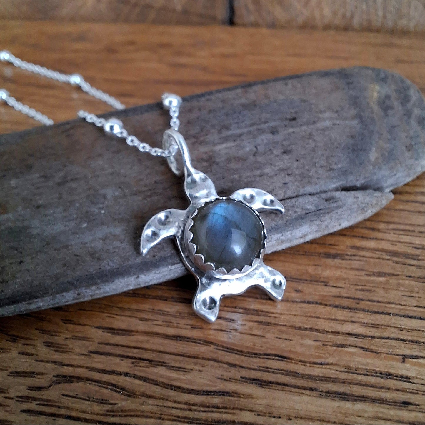 Turtle Charm Necklace Grey Blue Labradorite
