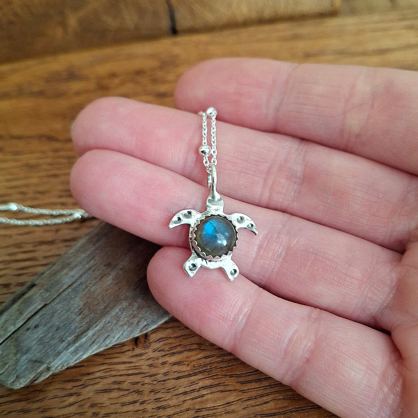 Turtle Charm Necklace Grey Blue Labradorite