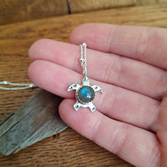 Turtle Charm Necklace Grey Blue Labradorite